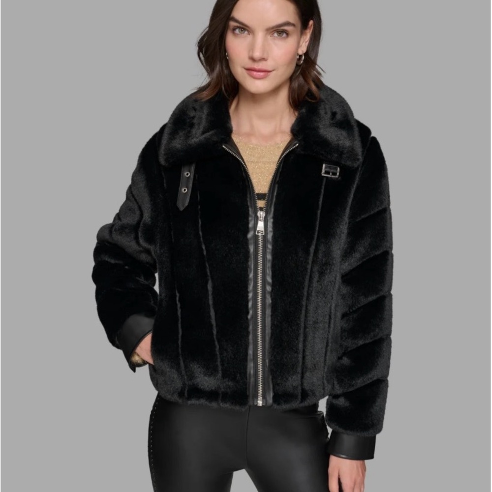 NWT Karl Lagerfeld Faux Fur Plush Black Jacket US Lrg